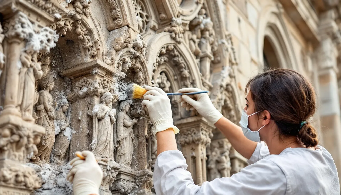 Top 10 Oldest Churches in the Philippines: Sacred Heritage Sites That Define Filipino History 7 Restoration workers are meticulously cleaning the intricate stone carvings on the facade of a historic church, showcasing the baroque architecture that defines many of the oldest churches in the Philippines, such as San Agustin Church, a UNESCO World Heritage site. This careful preservation effort highlights the rich cultural heritage and historical significance of these architectural marvels.