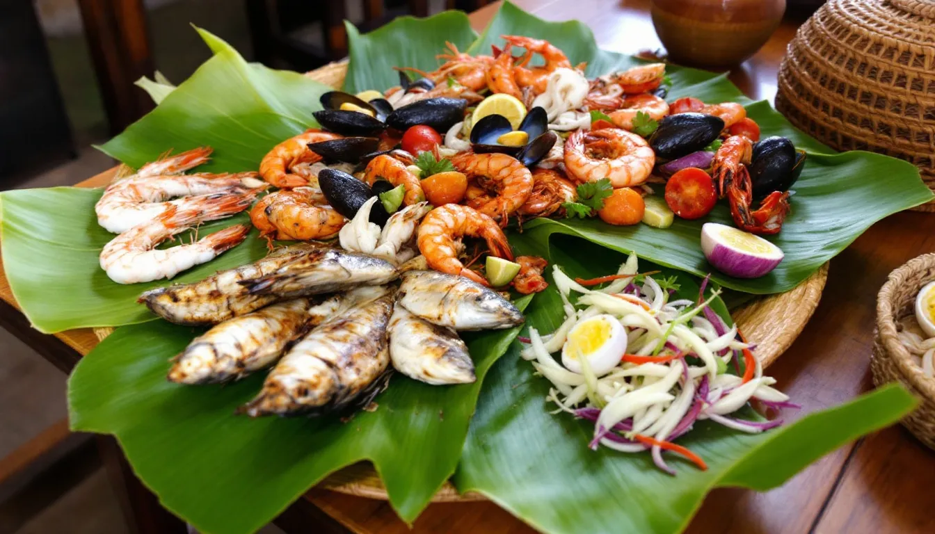 Baler Aurora Travel Guide: Your Complete Guide to Surfing, History, and Natural Wonders 4 A vibrant traditional Filipino seafood feast showcases a fresh catch from Baler Bay, artfully arranged on banana leaves, inviting guests to indulge in home-cooked meals typical of the coastal town. This culinary experience reflects the rich culture and local flavors of Baler, a popular tourist spot in Aurora Province.