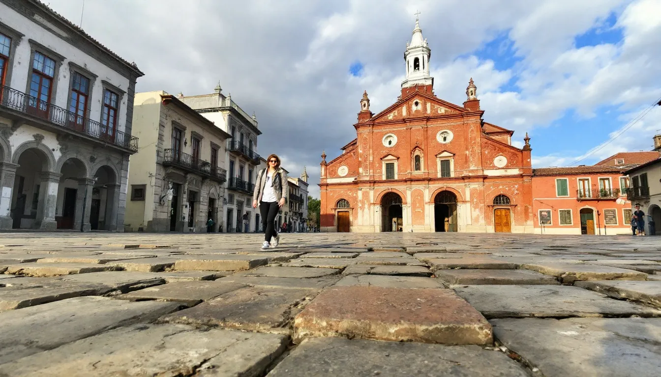 Top 10 Oldest Churches in the Philippines: Sacred Heritage Sites That Define Filipino History 8 A tourist strolls through a historic stone plaza, admiring the stunning facade of a colonial church, which exemplifies Spanish colonial architecture and serves as a testament to the rich cultural heritage of the Philippines. This area, home to some of the oldest churches, reflects the enduring faith and historical significance of the nation's identity.