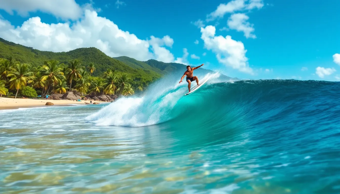Baler Aurora Travel Guide: Your Complete Guide to Surfing, History, and Natural Wonders 3 A surfer skillfully rides a perfect wave at Sabang Beach, with a stunning tropical coastline visible in the background, showcasing the rugged beauty of Baler, Aurora. This vibrant scene captures the essence of the area, known for its popular surf spots and picturesque views.