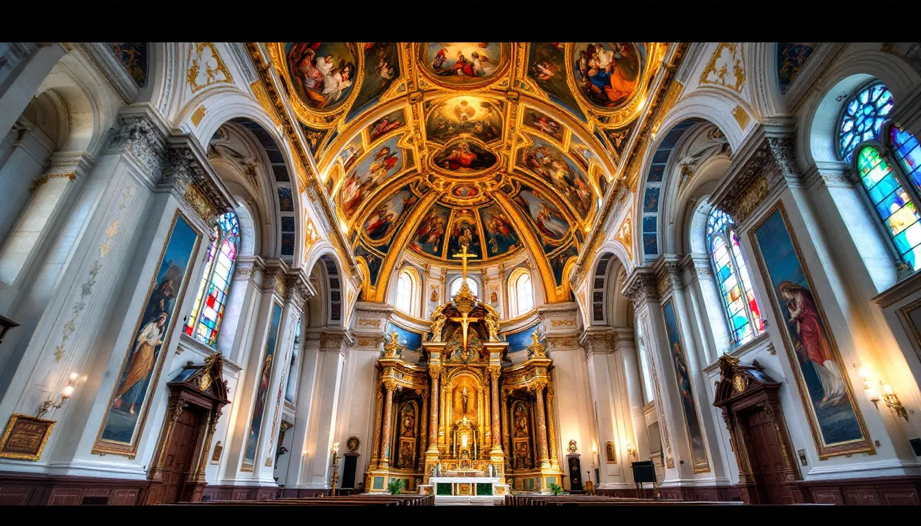 Top 10 Oldest Churches in the Philippines: Sacred Heritage Sites That Define Filipino History 2 The interior of a historic church showcases stunning baroque ceiling frescoes and an ornate altar, reflecting the rich cultural heritage and architectural marvels of the Philippines. This magnificent structure, part of the oldest churches in the country, stands as a testament to the enduring faith and history of the local community.