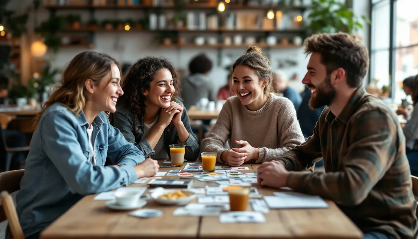 Best Coffee Shops and Cafes in Sharjah: Complete Guide to the City’s Top Coffee Destinations 4 A family is gathered around a table in a cozy café, enjoying a lively board game together. The warm ambiance is enhanced by soft lighting and natural light streaming through the windows, making it a perfect spot for community hang outs in Sharjah's best coffee shops.