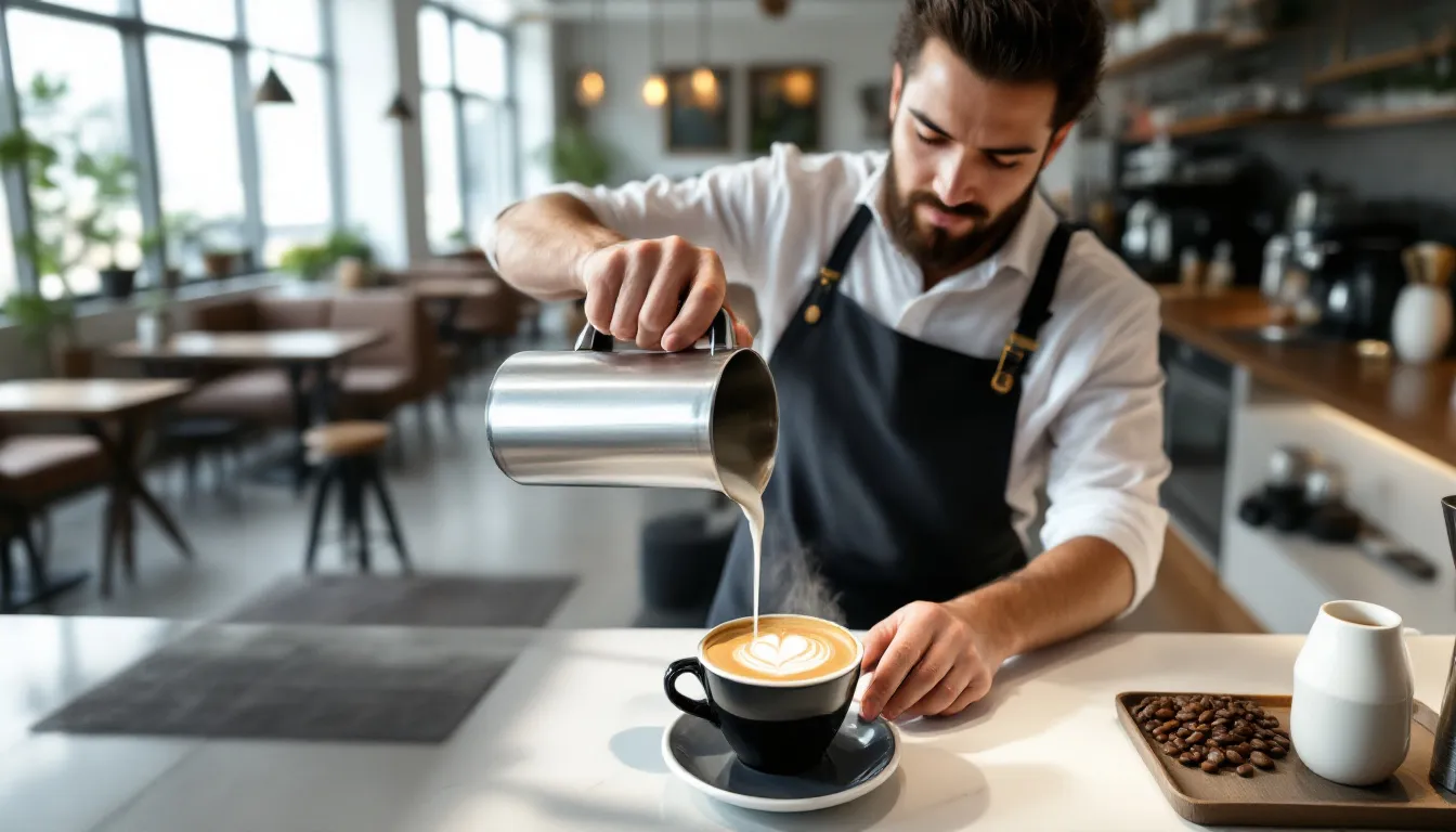 Best Coffee Shops and Cafes in Sharjah: Complete Guide to the City’s Top Coffee Destinations 1 A skilled barista is meticulously preparing a cup of specialty coffee adorned with intricate latte art in a modern coffee shop in Sharjah, featuring natural light and a cozy ambiance. This café, located in Al Mureijah, is a favorite among coffee lovers and serves as a welcoming community hangout with outdoor seating.