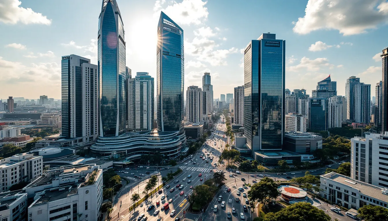 Is Manila Safe to Travel Alone? A Complete Solo Travel Guide 1 An aerial view of Manila's modern business district showcases towering skyscrapers and bustling streets filled with vehicles and pedestrians during the daytime. This vibrant scene highlights the dynamic atmosphere of Metro Manila, a major city known for its economic activity and crowded shopping malls.