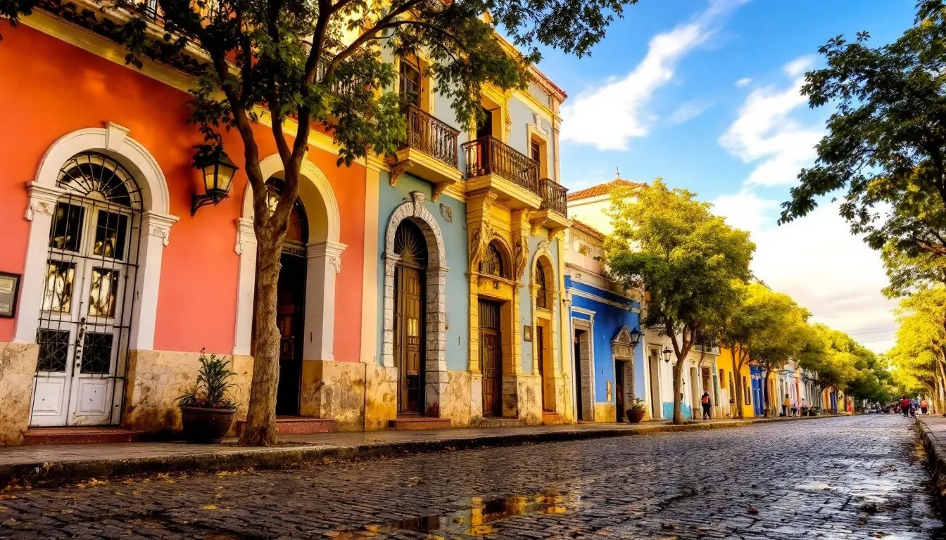 Things to Do in Merida Centro: Your Complete Guide 1 The image depicts a vibrant street in Mérida Centro, showcasing historic colonial buildings with colorful facades, set along a charming cobblestone path. Visitors can explore the local culture, enjoy delicious food from nearby food stalls, and admire the architectural beauty of this UNESCO World Heritage site.