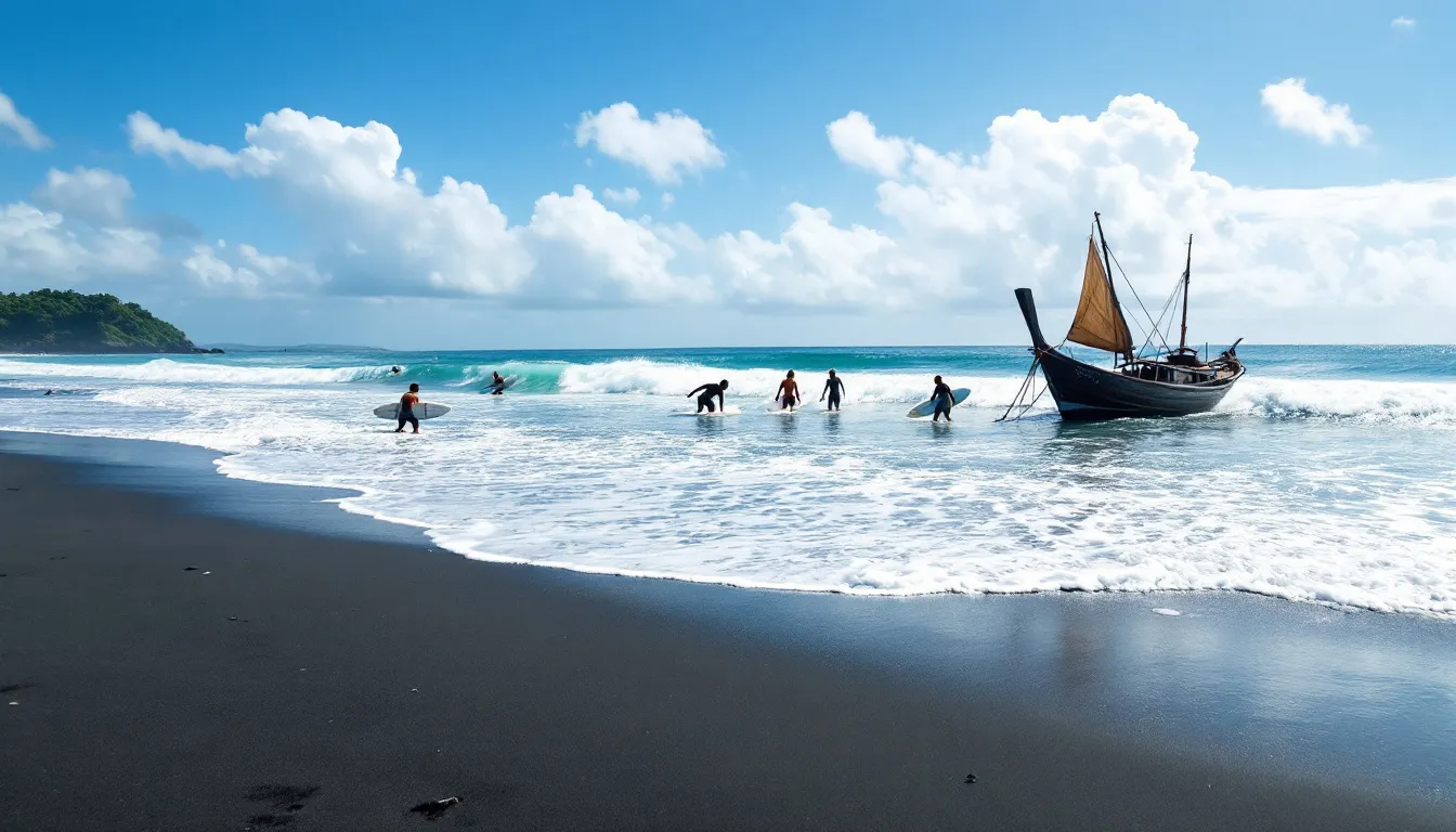 Guide to Canggu in Bali: Your Complete 2025 Travel Guide 1 A scenic view of Canggu's black sand beaches showcases surfers riding the waves alongside traditional fishing boats. The vibrant atmosphere captures the essence of Bali, with many tourists enjoying the relaxed vibe and stunning ocean views.