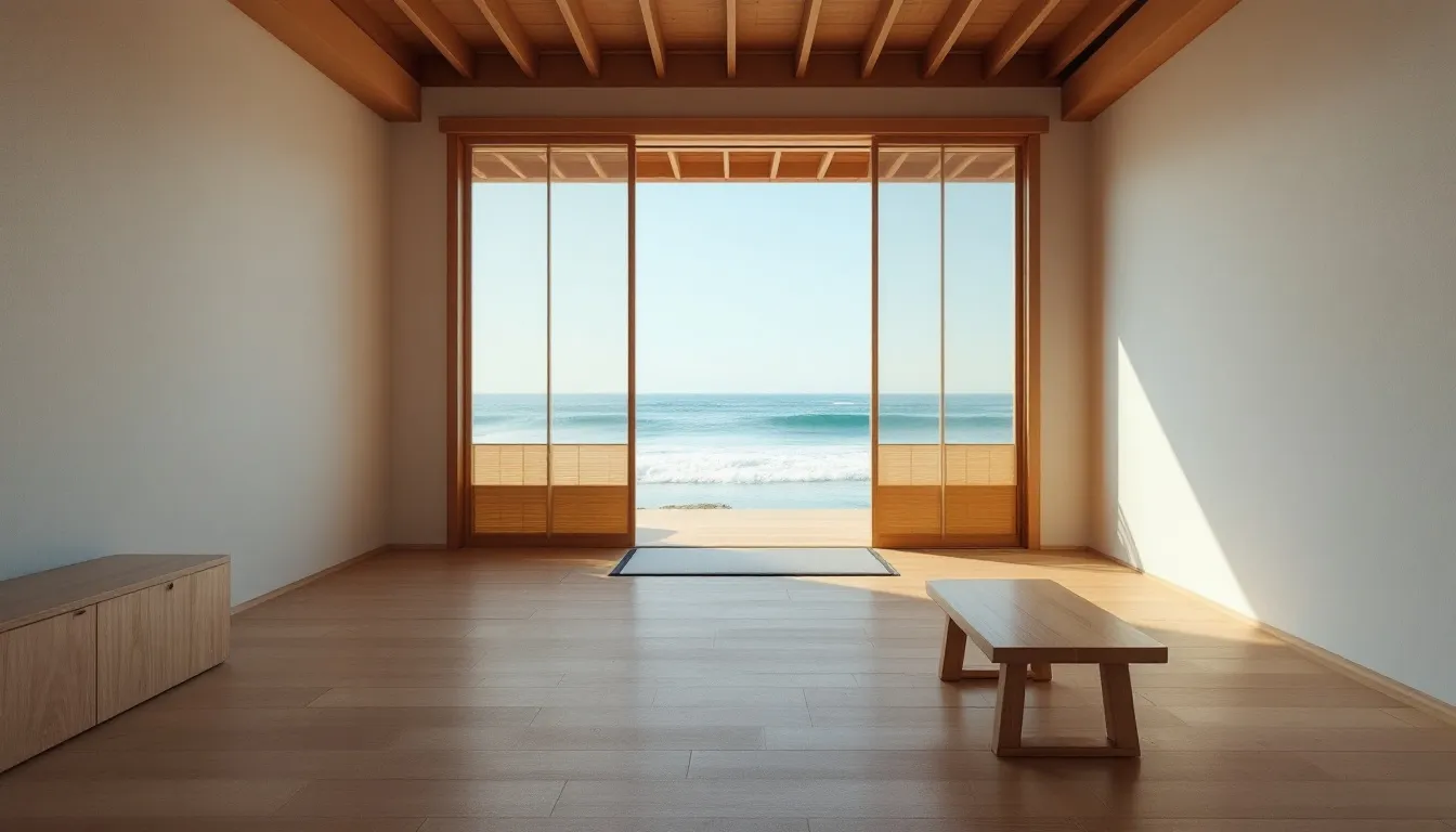 Nobu Ryokan Malibu: The Ultimate Guide to California’s Most Exclusive Japanese-Inspired Retreat 1 A serene Japanese-inspired minimalist room featuring natural teak wood elements and large windows that offer stunning ocean views. This tranquil space embodies luxury and intimacy, perfect for guests seeking a quiet retreat at Nobu Ryokan Malibu.