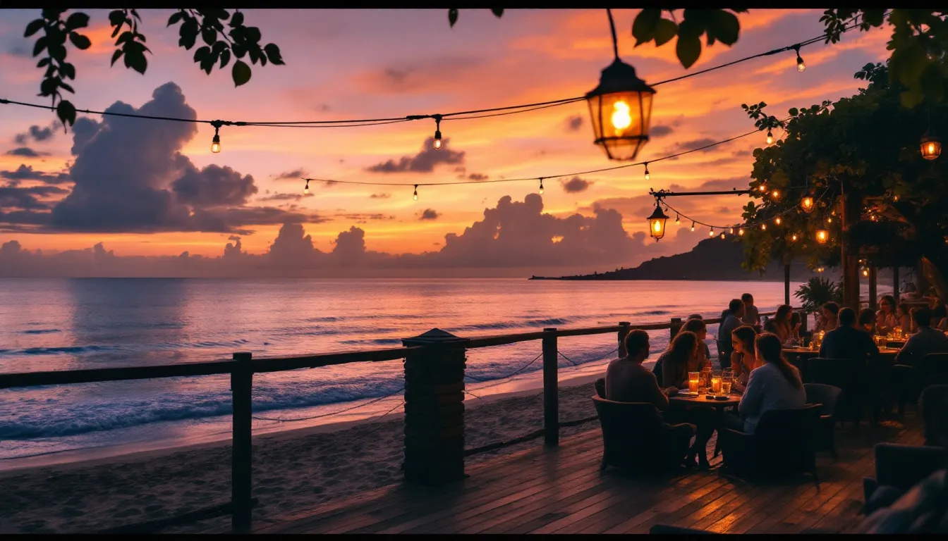 Guide to Canggu in Bali: Your Complete 2025 Travel Guide 4 The image depicts a cozy beach bar scene at Echo Beach in Canggu, Bali, illuminated by string lights, with people relaxing on bean bags and enjoying sunset drinks. The atmosphere is vibrant and inviting, capturing the essence of Bali's beach club culture and the relaxed vibe of the area.