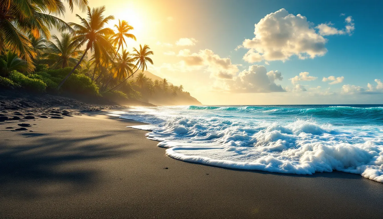Guide to Canggu in Bali: Your Complete 2025 Travel Guide 2 The image depicts a dramatic black sand beach landscape at Canggu, Bali, where waves roll onto the shore beneath swaying palm trees. This picturesque scene captures the essence of Bali's natural beauty, perfect for those visiting Canggu to enjoy the relaxed vibe and stunning ocean views.