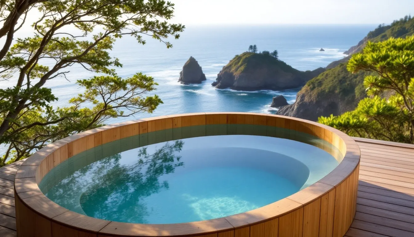 Nobu Ryokan Malibu: The Ultimate Guide to California’s Most Exclusive Japanese-Inspired Retreat 3 A luxurious Japanese soaking tub sits on a private deck, offering a serene view of the Pacific Ocean, ideal for relaxation and intimacy. This exclusive feature of the Nobu Ryokan Malibu blends warm teak elements with the tranquil sounds of the ocean, creating a perfect escape from the outside world.