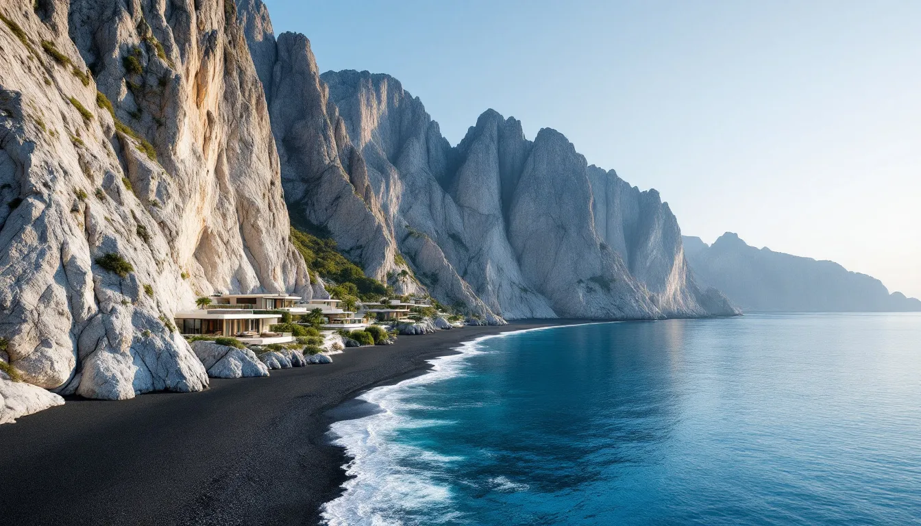 Nobu Ryokan Malibu: The Ultimate Guide to California’s Most Exclusive Japanese-Inspired Retreat 2 The image depicts the pristine Carbon Beach coastline, featuring dramatic cliffs that rise majestically above the exclusive beachfront setting, creating a serene and luxurious atmosphere reminiscent of Nobu Ryokan Malibu. The warm tones of the sand and ocean contrast beautifully with the rugged cliffs, inviting guests to experience the tranquility of this hidden gem along the Pacific Coast Highway.