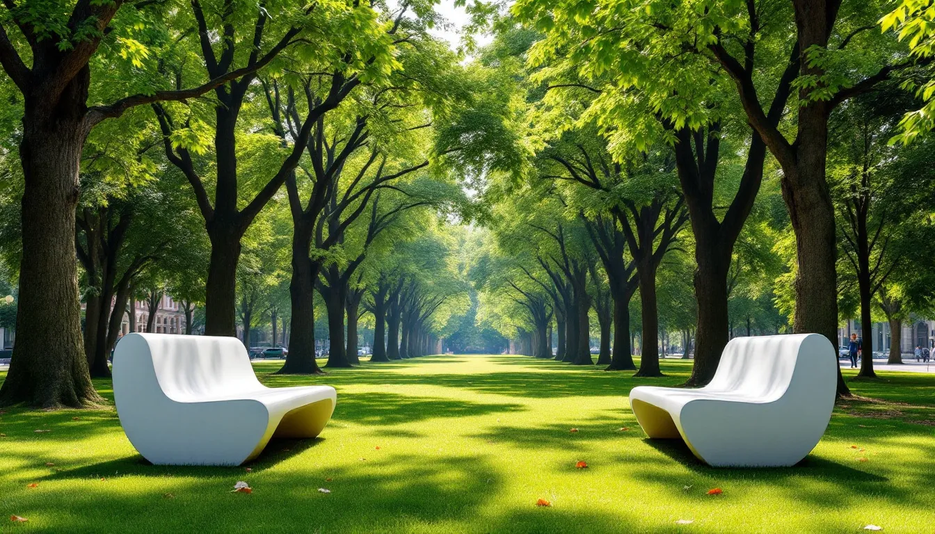 Things to Do in Merida Centro: Your Complete Guide 3 In a tree-lined park square, white concrete curved benches are arranged facing each other, inviting visitors to relax and enjoy the serene atmosphere of this historic area in Mérida Centro. This plaza is a perfect spot to take a break while exploring the local culture and vibrant food stalls nearby.
