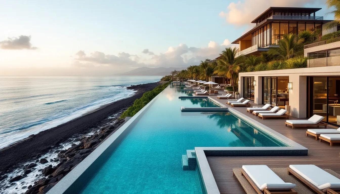 Guide to Canggu in Bali: Your Complete 2025 Travel Guide 3 The image showcases a luxurious beach club setting featuring infinity pools that overlook stunning black sand beaches, ideal for visitors enjoying the relaxed vibe of Canggu, Bali. Guests can be seen lounging on bean bags, soaking in the ocean view, and sipping sunset drinks, embodying the perfect atmosphere for a day trip to the area.
